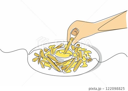 Single continuous line drawing hand dipping french fries into a small bowl of cheese sauce. Perfect combination. Double pleasure. Tasty. National Cheddar Fries Day. One line design vector illustration 122098825