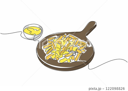 Single one line drawing french fries drizzled with cheese sauce on a round wooden chopping board. Restaurant style serving. National Cheddar Fries Day. Continuous line design graphic illustration 122098826