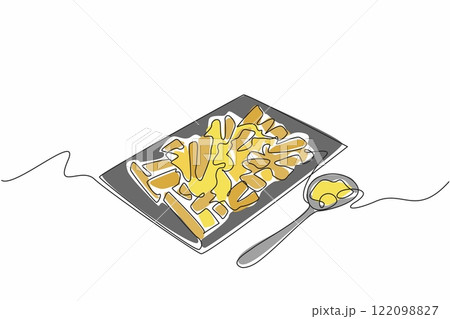Continuous one line drawing french fries on a square wooden plate. Served with an aesthetic wooden spoon. Full of enjoyment. National Cheddar Fries Day. Single line draw design vector illustration 122098827
