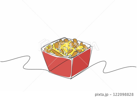 Single continuous line drawing french fries with cheese sauce in paper box. How restaurants serve takeaway. Easy to take home. Tasty. National Cheddar Fries Day. One line design vector illustration 122098828