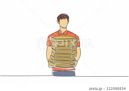 Single one line drawing pizza delivery man carrying a pile of pizza boxes. The pizza party is about to start. Tasty. Pizza Delivery Driver Appreciation Day. Continuous line design graphic illustration 122098834
