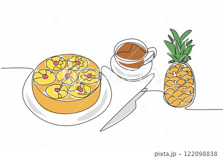 Single continuous line drawing pineapple upside-down cake in round shape on a plate. Complete dessert in a classic restaurant. Calming. Pineapple Upside-Down Cake. One line design vector illustration Single continuous line drawing pineapple upside-down cake in round shape on a plate. Complete dessert in a classic restaurant. Calming. Pineapple Upside-Down Cake. One line design vector illustration 122098838