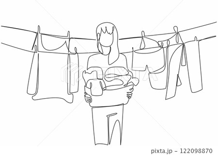 Single continuous line drawing a woman holding a basket filled with piles of clothes. Lift clothes that are dry and clean. Housework. National Hanging Out Day. One line design vector illustration 122098870