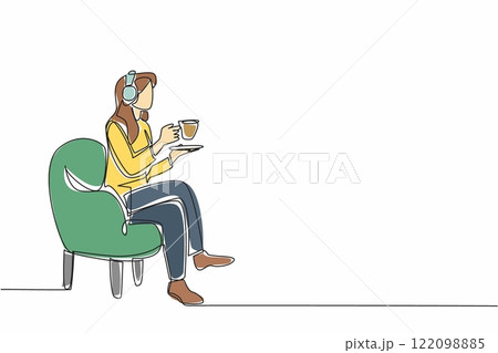 Single one line drawing woman sitting on sofa enjoying warm tea wearing headphones. Double pleasure makes more relaxing. Classical music. National Tea Day. Continuous line design graphic illustration 122098885