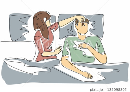 Single continuous line drawing wife covers nose of husband with clothespin. Sleep disorders can come from anywhere. Struggling to fall asleep. Stop Snoring Week. One line design vector illustration Single continuous line drawing wife covers nose of husband with clothespin. Sleep disorders can come from anywhere. Struggling to fall asleep. Stop Snoring Week. One line design vector illustration 122098895