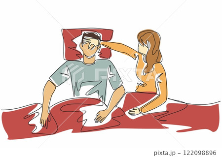 Continuous one line drawing wife covers nose of husband with hand. Wake up rudely. Disruption from husband every night. Loud snoring. Stop Snoring Week. Single line draw design vector illustration 122098896