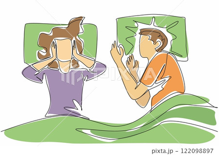 Single continuous line drawing the wife covered both her ears with both her hands. Cannot sleep. Very loud noise disturbance. Tired. Sleepy. Stop Snoring Week. One line design vector illustration Single continuous line drawing the wife covered both her ears with both her hands. Cannot sleep. Very loud noise disturbance. Tired. Sleepy. Stop Snoring Week. One line design vector illustration 122098897