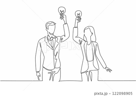 Continuous one line drawing a businessman and a businesswoman each hold up a light bulb. Compete with creative ideas. World Creativity and Innovation Day. Single line draw design vector illustration 122098905