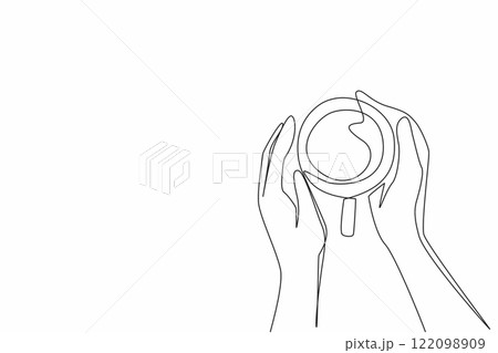 Continuous one line drawing two hands holding a cup of warm tea. Morning and evening routine. Restore a better mood. Calming the mind. National Tea Day. Single line draw design vector illustration Continuous one line drawing two hands holding a cup of warm tea. Morning and evening routine. Restore a better mood. Calming the mind. National Tea Day. Single line draw design vector illustration 122098909