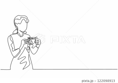 Single continuous line drawing a woman holding transparent glass cup filled with tea and there is tea paper. Want to improve a bad mood. Calming. National Tea Day. One line design vector illustration 122098913