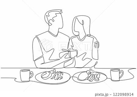 Single continuous line drawing a husband embraces his wife while holding ribboned gift box. Romantic dinner gift for the beloved husband. Husband Appreciation Day. One line design vector illustration 122098914