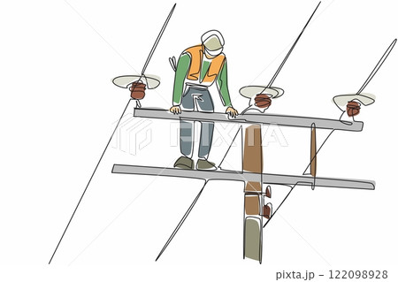 Continuous one line drawing lineman standing on top of electric pole and repairing electric cable. Full dedication. National Lineman Appreciation Day. Single line draw design vector illustration 122098928