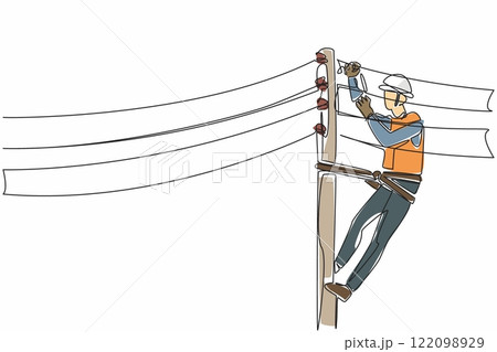 Single one line drawing lineman is repairing the electrical cable. Work safely for personal safety. Professional worker. National Lineman Appreciation Day. Continuous line design graphic illustration 122098929