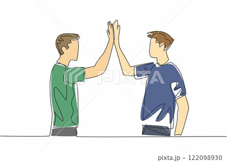 Continuous one line drawing two men in casual clothes doing a high five. Two friends meet again. Warm greetings of friendship. National High Five Day. Single line draw design vector illustration 122098930