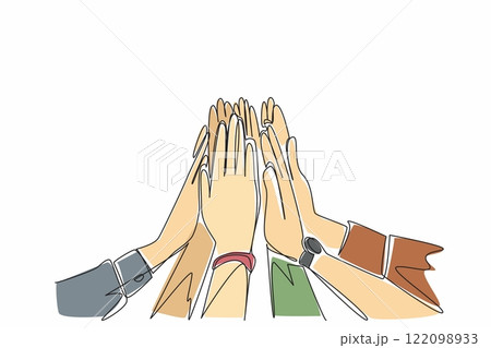 Single continuous line drawing some hands doing high five. Solid teamwork. Supporting each other. Encouraging. Symbol of shared victory. National High Five Day. One line design vector illustration 122098933