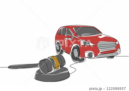 Single continuous line drawing wooden hammer lying on a wooden cushion and a miniature car. Car auction or warranty claim. Compensation. National Auctioneers Day. One line design vector illustration 122098937