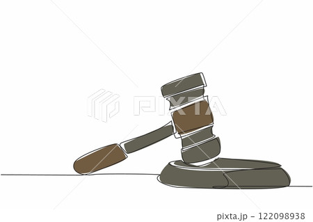 Continuous one line drawing wooden hammer stands on its bearing. Gavel is about to be struck, awaiting final results of auction. National Auctioneers Day. Single line draw design vector illustration Continuous one line drawing wooden hammer stands on its bearing. Gavel is about to be struck, awaiting final results of auction. National Auctioneers Day. Single line draw design vector illustration 122098938