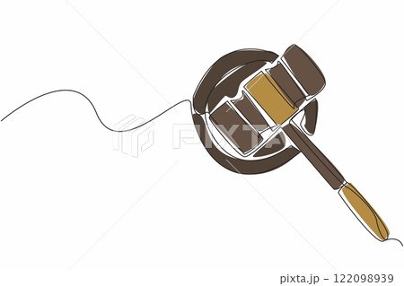Single one line drawing hammer placed lying on a wooden cushion. The auction still closed, waiting for thorough preparation. National Auctioneers Day. Continuous line design graphic illustration 122098939
