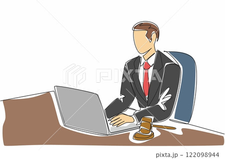 Single one line drawing male auctioneer in suit and tie typing on laptop. Online auction with limited participants by invitation. National Auctioneers Day. Continuous line design graphic illustration 122098944