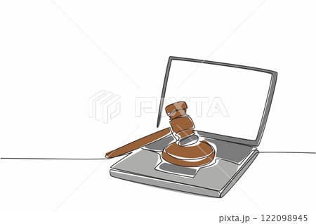 Continuous one line drawing wooden hammer and pad on top of laptop. The latest future technology laptops are up for auction. National Auctioneers Day. Single line draw design vector illustration 122098945