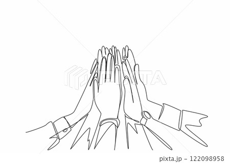 Single continuous line drawing some hands doing high five. Solid teamwork. Supporting each other. Encouraging. Symbol of shared victory. National High Five Day. One line design vector illustration 122098958