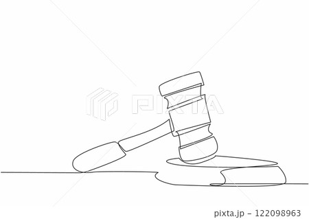 Continuous one line drawing wooden hammer stands on its bearing. Gavel is about to be struck, awaiting final results of auction. National Auctioneers Day. Single line draw design vector illustration 122098963
