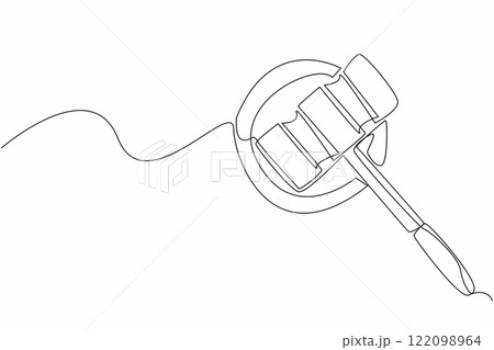 Single one line drawing hammer placed lying on a wooden cushion. The auction still closed, waiting for thorough preparation. National Auctioneers Day. Continuous line design graphic illustration 122098964