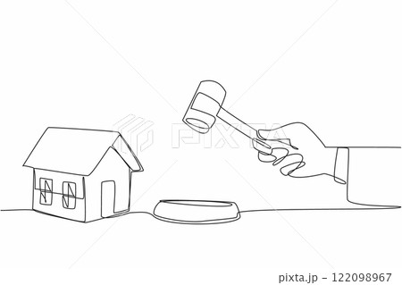 Single continuous line drawing hand holds wooden hammer and wanting to tap the bearing. Troubled home investment. Final auction decision. National Auctioneers Day. One line design vector illustration 122098967