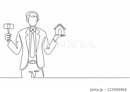 Continuous one line drawing young male auctioneer in suit and tie holding miniature house and wooden hammer. Troubled investment. National Auctioneers Day. Single line draw design vector illustration 122098968