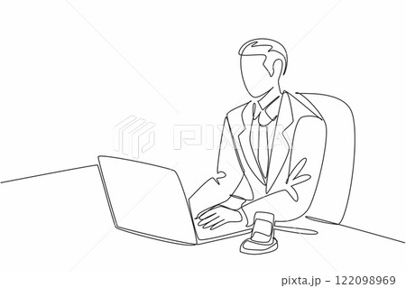 Single one line drawing male auctioneer in suit and tie typing on laptop. Online auction with limited participants by invitation. National Auctioneers Day. Continuous line design graphic illustration 122098969