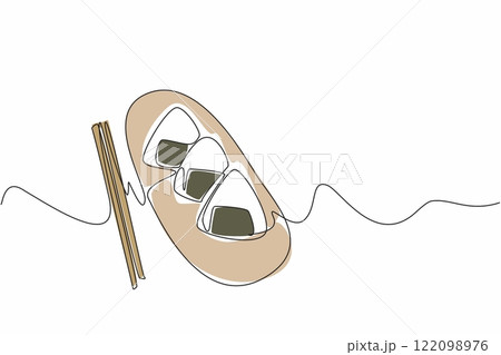 Single one line drawing 3 pieces of onigiri on an oval wooden plate and also chopsticks. Delicious Asian-style food. Appetizer. National Rice Ball Day. Continuous line design graphic illustration 122098976