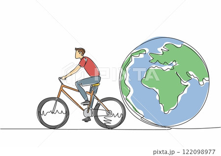 Single continuous line drawing a man riding a bicycle and behind him is a globe. Activities that do not damage the green earth. No pollution. Healthy. Bicycle Day. One line design vector illustration Single continuous line drawing a man riding a bicycle and behind him is a globe. Activities that do not damage the green earth. No pollution. Healthy. Bicycle Day. One line design vector illustration 122098977