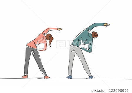 Single continuous line drawing young couple wearing running jackets doing exercise. Burning calories faster and more. Healthy activities. National Exercise Day. One line design vector illustration 122098995