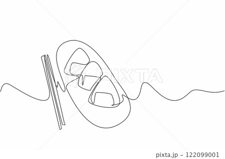 Single one line drawing 3 pieces of onigiri on an oval wooden plate and also chopsticks. Delicious Asian-style food. Appetizer. National Rice Ball Day. Continuous line design graphic illustration 122099001
