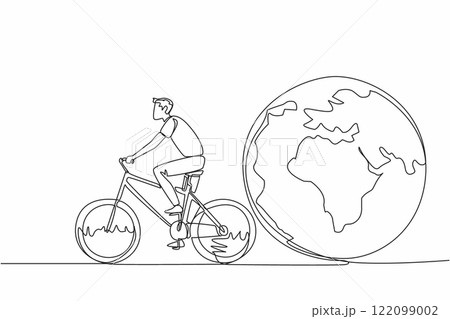 Single continuous line drawing a man riding a bicycle and behind him is a globe. Activities that do not damage the green earth. No pollution. Healthy. Bicycle Day. One line design vector illustration 122099002