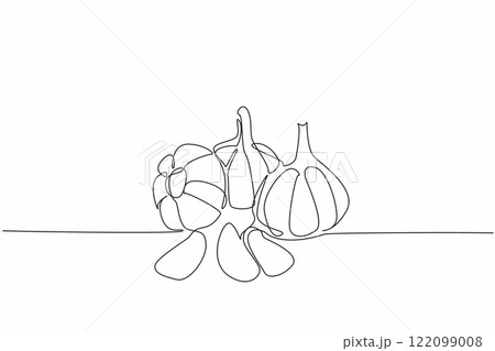 Continuous one line drawing a bunch of garlic. Fresh simple look. Kitchen spice. The little ones with many benefits. Boost immune. National Garlic Day. Single line draw design vector illustration 122099008