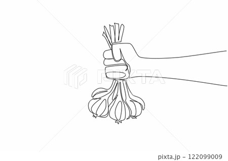 Single continuous line drawing hand holding a bunch of garlic with stems. Garlic farmers show off their best harvest. Ready to be marketed. National Garlic Day. One line design vector illustration 122099009