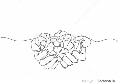 Continuous one line drawing two hands are holding a pile of garlic. The harvest results are as predicted. Very satisfying. Healthy. National Garlic Day. Single line draw design vector illustration 122099010