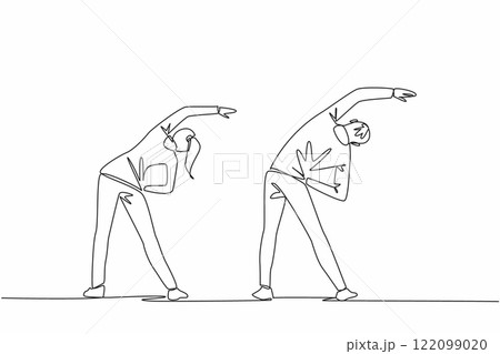 Single continuous line drawing young couple wearing running jackets doing exercise. Burning calories faster and more. Healthy activities. National Exercise Day. One line design vector illustration Single continuous line drawing young couple wearing running jackets doing exercise. Burning calories faster and more. Healthy activities. National Exercise Day. One line design vector illustration 122099020