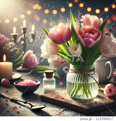 自然の優雅さを映すピンクチューリップ 122099027