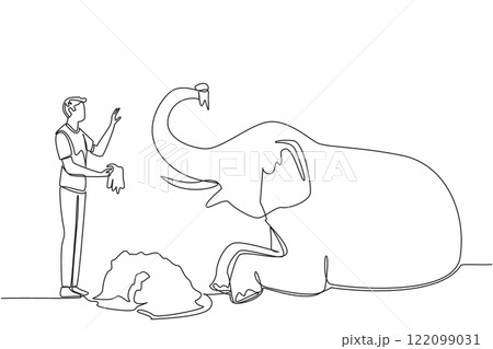 Single continuous line drawing a man standing in front of a sitting elephant holding a pile of grass. Feeding the best quality grass. Care. Save The Elephant Day. One line design vector illustration Single continuous line drawing a man standing in front of a sitting elephant holding a pile of grass. Feeding the best quality grass. Care. Save The Elephant Day. One line design vector illustration 122099031