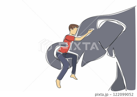 Single continuous line drawing an elephant is lifting a man with its trunk. An expression gratitude of animal to humans. Caring. Affection. Save The Elephant Day. One line design vector illustration Single continuous line drawing an elephant is lifting a man with its trunk. An expression gratitude of animal to humans. Caring. Affection. Save The Elephant Day. One line design vector illustration 122099052