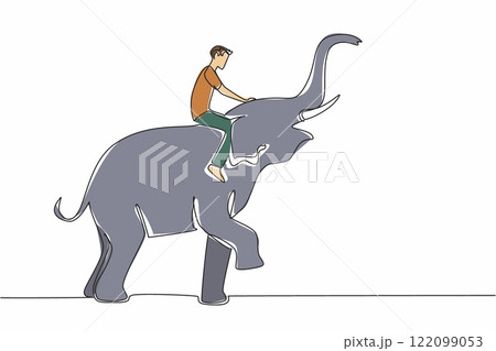 Continuous one line drawing a man sitting on standing elephant. Riding elephant to be taken back to the enclosure. Grooming routine. Save The Elephant Day. Single line draw design vector illustration 122099053