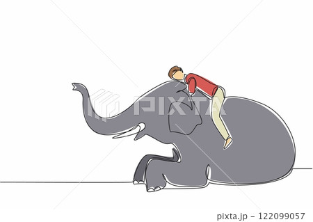 Single continuous line drawing a man lying on the back of an elephant who is sitting and hugging his neck. An exhausted zookeeper. Loving. Save The Elephant Day. One line design vector illustration Single continuous line drawing a man lying on the back of an elephant who is sitting and hugging his neck. An exhausted zookeeper. Loving. Save The Elephant Day. One line design vector illustration 122099057