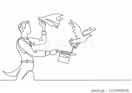 Single continuous line drawing the magician releases dove from his hand and holds the hat in his other hand. Master of illusion games. Entertain. World Circus Day. One line design vector illustration Single continuous line drawing the magician releases dove from his hand and holds the hat in his other hand. Master of illusion games. Entertain. World Circus Day. One line design vector illustration 122099058