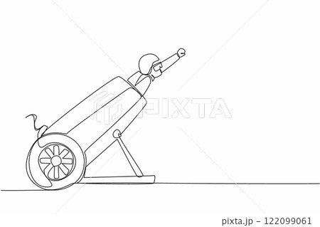 Single continuous line drawing the circus performers inside the cannon wear helmets and put their hands forward. Fun and also a test of courage. World Circus Day. One line design vector illustration Single continuous line drawing the circus performers inside the cannon wear helmets and put their hands forward. Fun and also a test of courage. World Circus Day. One line design vector illustration 122099061