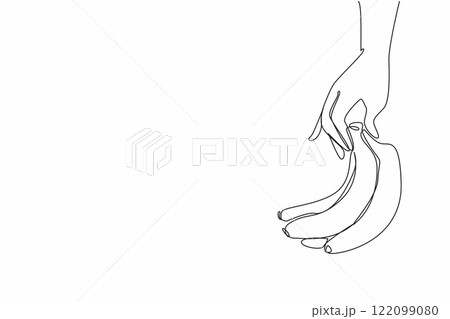 Continuous one line drawing hand holding bunch of bananas. Very delicious fruit when ripe. The fastest energy booster when exercising. National Banana Day. Single line draw design vector illustration 122099080