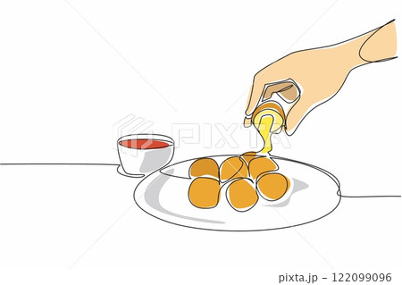 Continuous one line drawing hand taking a piece of cheese ball on a plate with melted cheese. Spicy and savory. Increase appetite. National Cheese Ball Day. Single line draw design vector illustration Continuous one line drawing hand taking a piece of cheese ball on a plate with melted cheese. Spicy and savory. Increase appetite. National Cheese Ball Day. Single line draw design vector illustration 122099096