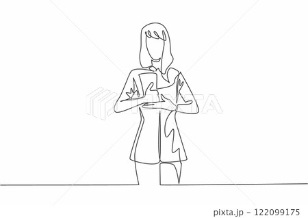 Continuous one line drawing a woman in casual clothes makes a hand gesture. A help gesture in sign language. Code. National American Sign Language Day. Single line draw design vector illustration Continuous one line drawing a woman in casual clothes makes a hand gesture. A help gesture in sign language. Code. National American Sign Language Day. Single line draw design vector illustration 122099175