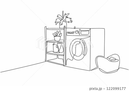 Single continuous line drawing washing machine adjacent to a plant pot rack filled with several pots. A neat corner of the laundry room. National Laundry Day. One line design vector illustration 122099177